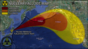 shows the flow of radiation fallout from the Fukushima Daiichi nuclear power plant meltdown
