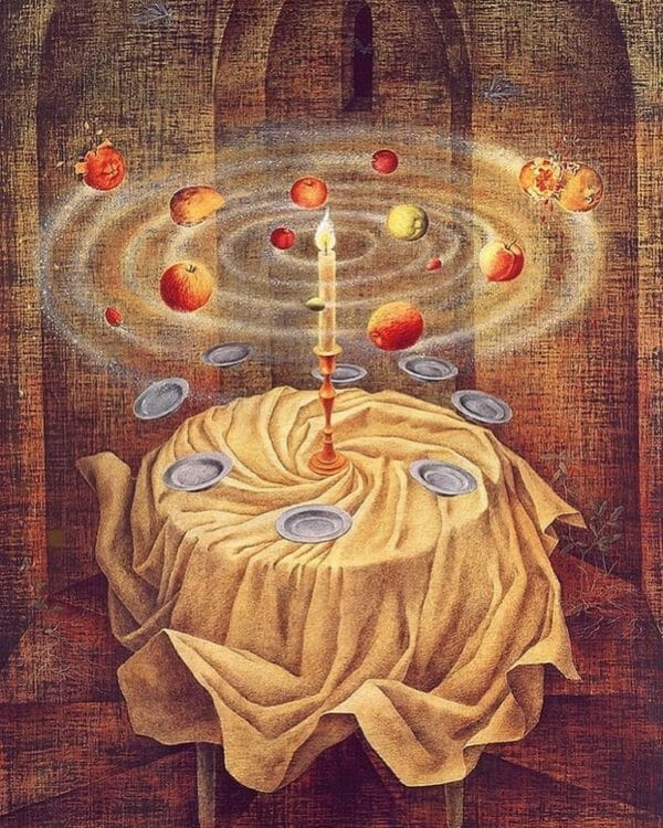 Remedios Varo: Still life Reslicitando, 1963 - “The dream world and the real world are the same,” declared Spanish-born artist Remedios Varo, who alchemically combined traditional techniques, Surrealist methods, and mystical philosophic inquiry into visionary dreamscapes. One of the few acknowledged female surrealist painters of the first half of the 20th century. She defied the male dominated artistic world of that era through her unique and peculiar approach to Surrealism. #varo #remediosvaro #surrealism